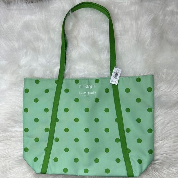 $15‎ 🌙 Kate Spade X Clinique Green Polka Dot Tote 🆕 - Picture 1 of 8